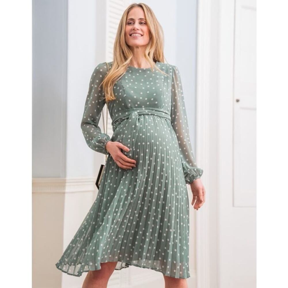 Seraphine Luxe Polka Dot Chiffon Maternity & Nursing Dress Sage Green White